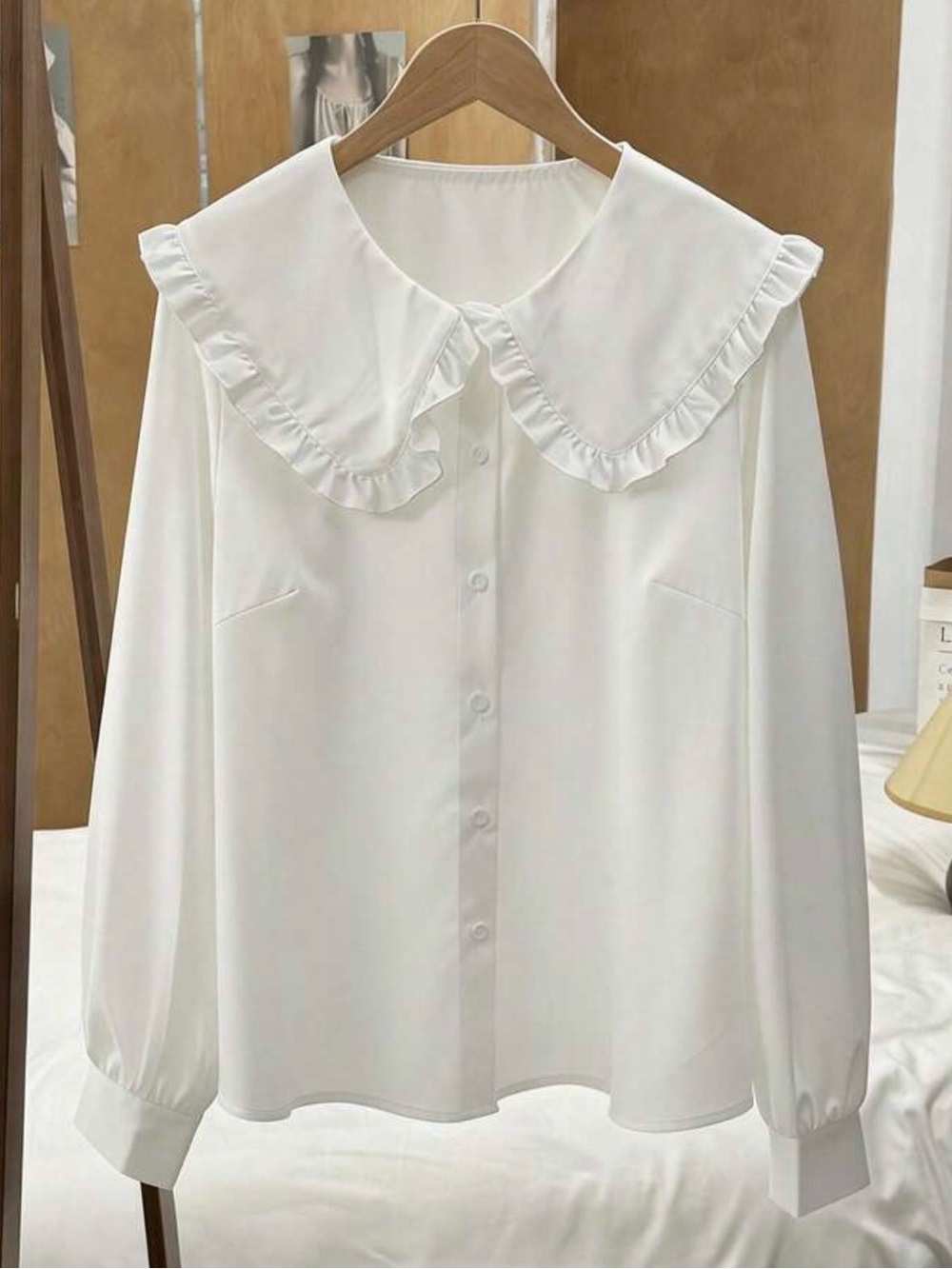 White Ruffled Collar Button-Front Women's Blouse